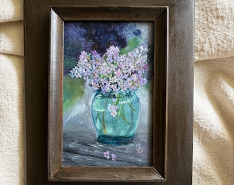 Original Oil Painting Floral Lilacs Still Life Green Glass Vase Wall Decor