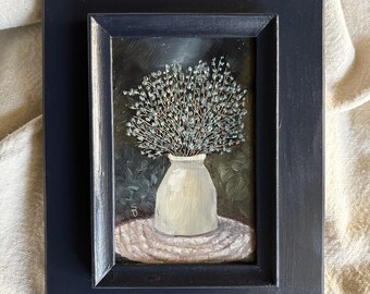 Original Oil Painting Blue Floral Baby’s Breath Stoneware Still Life Framed Wall Décor