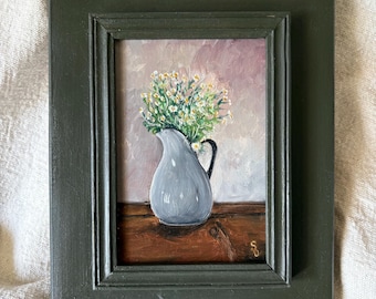 Original Oil Painting Floral White Chamomile Enamel Pitcher Still Life Framed Wall Decor