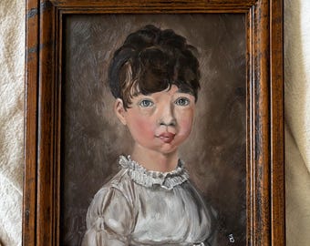 Original Oil Painting Framed of a Young Girl Vintage French Inspired by 19th Century Portraiture