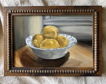 Original Oil Painting Lemons Blue and White Bowl Kitchen Still Life