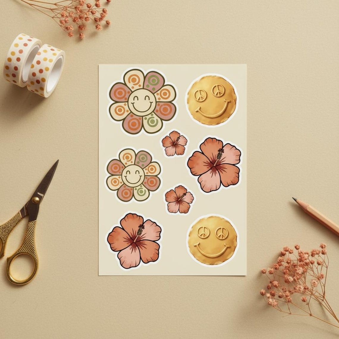 Boho Smiley & Flower Clipart Bundle – 47 Retro Pngs, Hippie Aesthetic ...