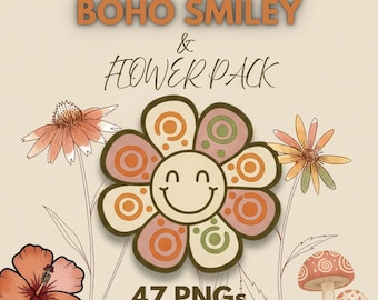 Boho Smiley Flower Clipart 47 Retro PNG Bundle Instant Download