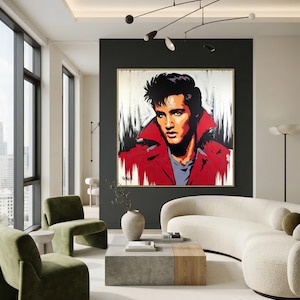 May include: An abstract painting of a man in a red jacket, with a black and white background. The artwork is displayed in a modern living room with green chairs, a white sofa, and a concrete coffee table. The room has large windows and a minimalist design.