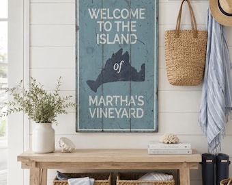Martha's Vineyard Sign | Island Welcome Wood Sign, Coastal Beach House Decor, Rustic Cape Cod Vacation Home Sign
