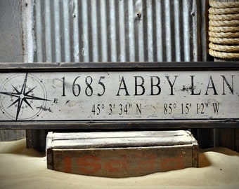 Custom Address Lat & Long Sign - Rustic Hand Made Vintage Wooden Sign Decorations