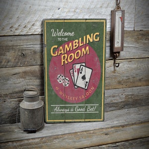 Gambling Room Sign, Welcome Sign, Poker Wall Decor, Card Games Sign, Pub Bar Sign, Saloon Sign, Weathered Style Sign - Old Wooden Sign