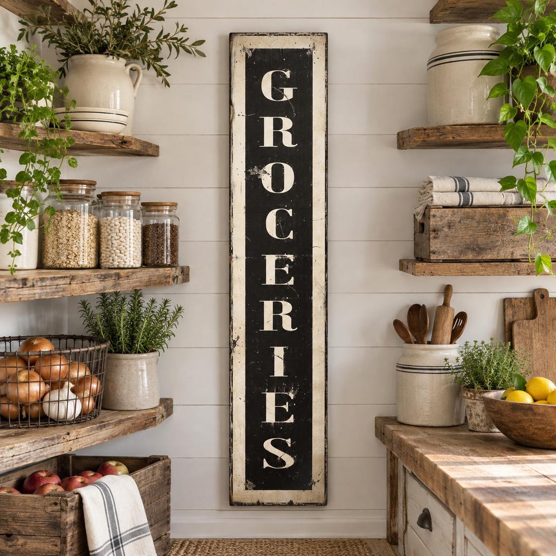 COUNTRY KITCHEN 木製サインとハンガーセット Rustic Groceries Sign, Vertical Farmhouse Kitchen Wood Decor