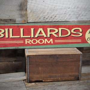 Letrero de sala de billar, letrero de sala de juegos, decoración de cueva de hombre, regalo para jugador de billar, letrero retro de sala de billar, letrero de madera hecho a mano - Letrero rústico de billar
