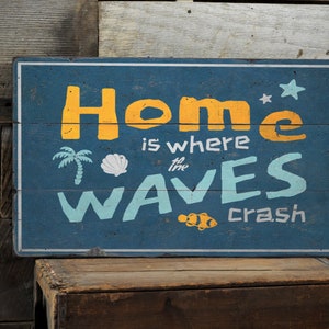 Home Is Where The Waves Crash Sign, Beach House Sign, Wave Lovers Sign, Beach Lover Gift, Rustic Coastal Decor - Handmade Wooden Sign