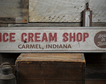 Ice Cream Shop Wood Sign, Custom Best In Town Sweet Treat Location Gift, Kitchen Decor - Rustic Hand Made Vintage Wooden Sign