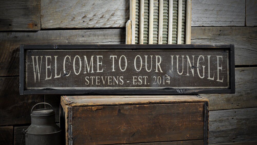 Custom Welcome To Our Jungle Family Sign - Rustic Hand Made Vintage Wooden Decor Signs