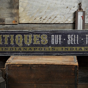 Buy Sell Trade Antiques Wood Sign, Custom Store Location City State Name Sign, Arrow Decor - Rustic Hand Made Vintage Wooden Sign