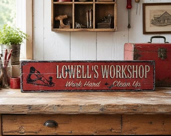Werkstattschild | Personalisiertes Namensschild aus Holz, individuelle Garagendekoration, rustikales Werkstattschild, Geschenk für Papa oder ihn
