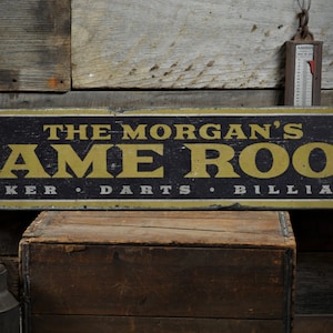 Family Game Room Wood Sign, Custom Name Sign, Poker Darts Billiards Man Cave Home Decor - Rustic Hand Made Vintage Wooden Sign Decor
