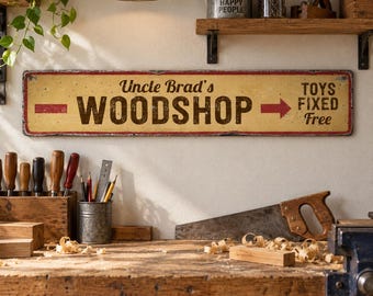 Holzwerkstatt-Schild, personalisierte Namensdekoration für die Holzwerkstatt, rustikaler Garagen-Wandbehang, Geschenk für den holzbegeisterten Opa, Spielzeug kostenlos reparieren