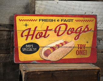 Hot Dogs Sign, Kitchen Sign, Fresh And Fast, Dad's Specialty, Diner Style, Hot Dog Stand Sign, Handmade Wooden Sign - Retro Hot Dog Sign