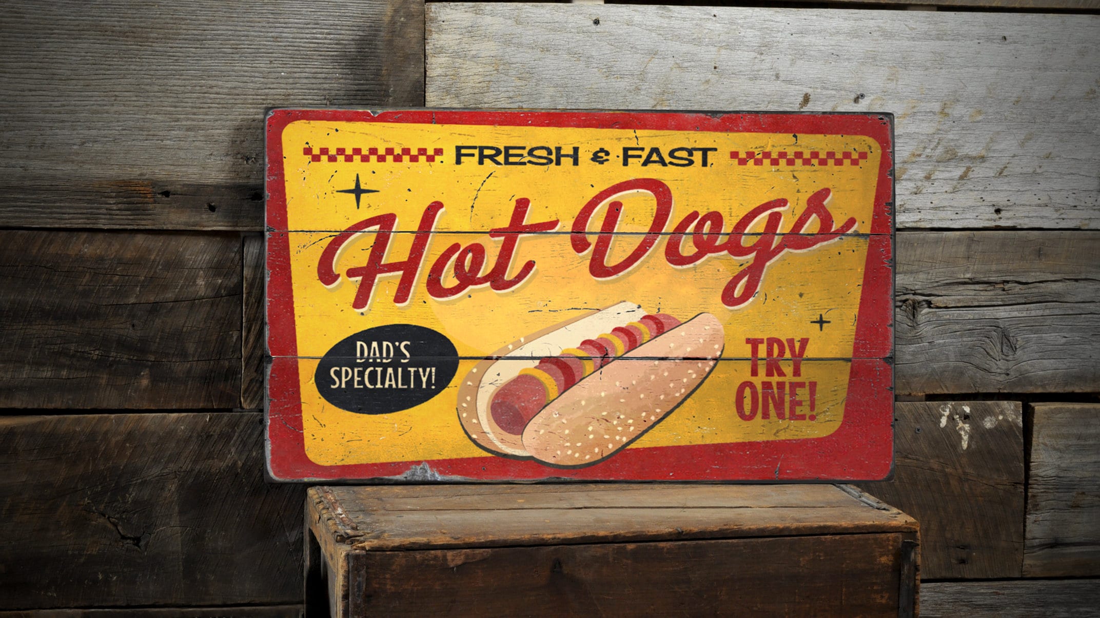 Hot Dogs Sign, Kitchen Sign, Fresh and Fast, Dad's Specialty