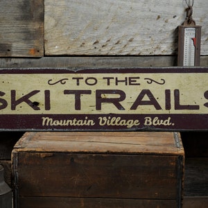Ski Trails Arrow Wood Sign, Personalized Skiing Location Mountain Name Ski Lodge Decor - Rustic Hand Made Vintage Wooden Sign Trail Signs