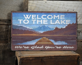 Lake Welcome Sign, Lake House Decor, Glad You're Here, Lake Cabin Entry Decor, Lakefront Decor, Handmade Wooden Sign - Distressed Lake Sign