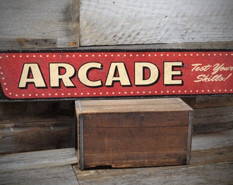 Retro Arcade Sign, Game Room Decor, Arcade Gaming Sign, Test Your Skills, Man Cave Sign, Handmade Wooden Sign - Rustic Arcade Decor
