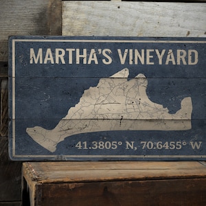 Marthas Vineyard Coordinates Sign, Island Sign Decor, State Cords Decor, Vineyard Gift, Vintage Style Sign, Handmade - Rustic Wooden Sign