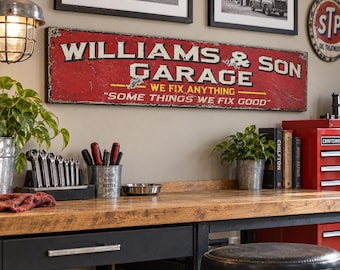 Funny Garage Sign, Personalized Family Name Wood Decor, Rustic Vintage Repair Shop Wall Hanging, Fathers Day Mechanic Gift