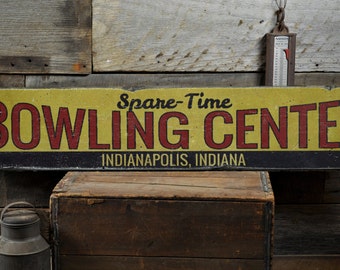 Bowling Center Holzschild, benutzerdefinierte Freizeit Lage Stadtstaat Schild, Mann Höhle Schüssel Dekor - rustikale handgemachte Vintage Holzschild