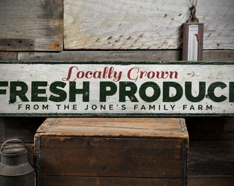 Locally Grown Fresh Produce Wood Sign, Custom Family Name Farm Sign, Food Kitchen Decor - Rustic Hand Made Vintage Wooden Sign
