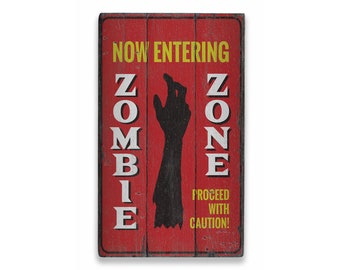 Teken zombiezone, halloweendecor, zombie-waarschuwingsbord, bord verweerde look, griezelig muurdecor, houten zombiebord - oud uitziend bord