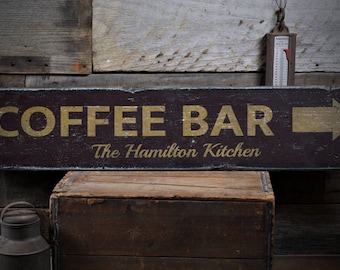 Kaffee Bar Pfeil Holzschild, personalisierte Familie Nachname Geschenk, Kaffee Liebhaber Küchen Dekor - Rustikale handgemachte Vintage Holzschild Dekoration