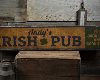 Irish Pub Shamrock Wood Sign, Good Luck & Good Times Custom Bar Owner Name Decor Gift - Rustic Hand Made Vintage Wooden Sign