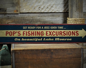 Puede incluir: Un letrero de madera azul y rojo con letras blancas que dice "GET READY FOR A REEL GOOD TIME... POP'S FISHING EXCURSIONS On beautiful Lake Monroe". El letrero tiene una flecha blanca apuntando hacia la derecha.