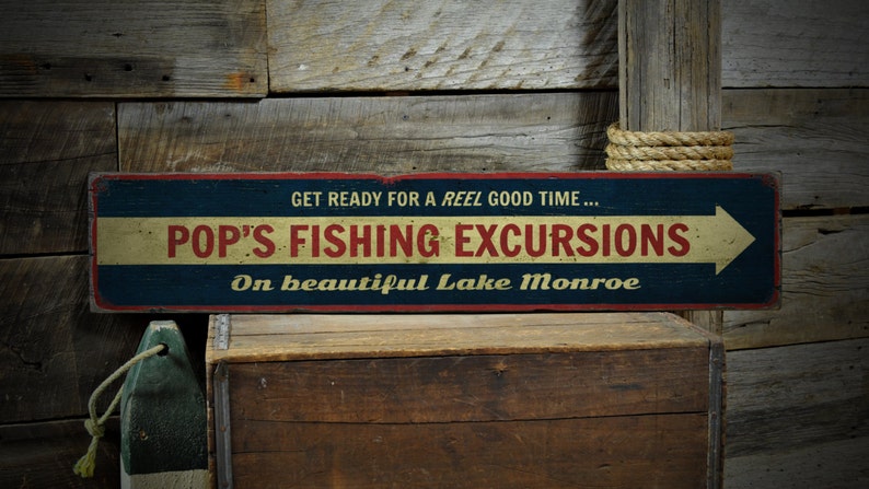 Fishing Excursions Wood Sign Custom Beautiful Lake Name Arrow