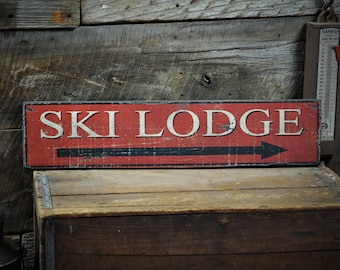 Ski Lodge This Way Arrow Sign - Rustic Hand Made Vintage Wooden Sign