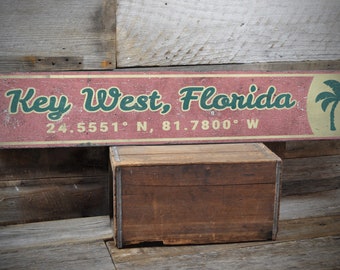 Key West Florida, Florida Sign, Directional Signs, Beach House Decor, Coordinates Sign, Antique Decor, Aged Wood Art - Custom Wooden Sign