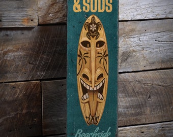 Surf Sand Suds Sign, Beachside Tiki Bar, Funny Surf Sign, Tiki Bar Sign, Tiki Drinks, Handmade Wooden Sign - Weathered Style Sign