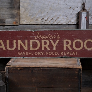 Wash Dry Fold Repeat Wood Sign, Personalized Laundry Room Service Name Gift Home Decor - Rustic Hand Made Vintage Wooden Sign