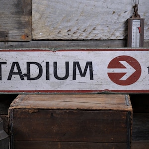 Stadium Arrow Mileage Wood Sign, Personalized Entrance Location Name Distance Wall Decor - Rustic Hand Made Vintage Wooden Sign Decor