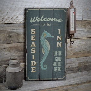 Seaside Inn Sign, Welcome Seaside, Ocean Hotel View, Ocean Lover Decor, Wooden Sale Decor, Wooden Wall Decor - Wooden Old Sign