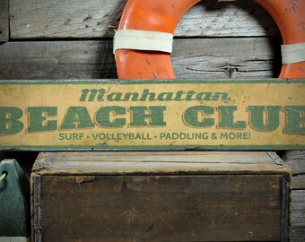 Beach Club Wood Sign, Surf Volleyball Paddling Custom Beach Location Sign, Ocean Decor - Rustic Hand Made Vintage Wooden Sign Decoration