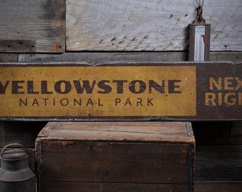Yellowstone National Park Wood Sign, Personalized Next Right Favorite Park Name Gift Decor - Rustic Hand Made Vintage Wooden Sign