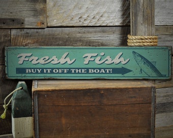 Świeża ryba znak, Świeże ryby łapacze, Drewniany znak wędkarski, Dekoracja drewnianego znaku rybnego, Antyczna dekoracja drewniana - rustykalna ręcznie wykonana dekoracja drewnianego znaku
