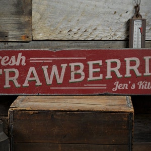 Fresh Strawberries Wood Sign, Personalized Cook Name Kitchen Sign, Country Fruit Decor - Rustic Hand Made Vintage Wooden Sign Decor