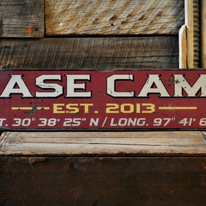 Custom Base Camp Est Date Lat / Long Sign - Rustic Hand Made Distressed Wood Decorations