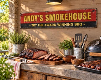 May include: A rectangular metal sign with a distressed finish featuring the red, yellow, and black text 'ANDY'S SMOKEHOUSE' and 'TRY THE AWARD WINNING BBQ' with two stars, mounted on a light brown wooden wall above a kitchen counter with food.