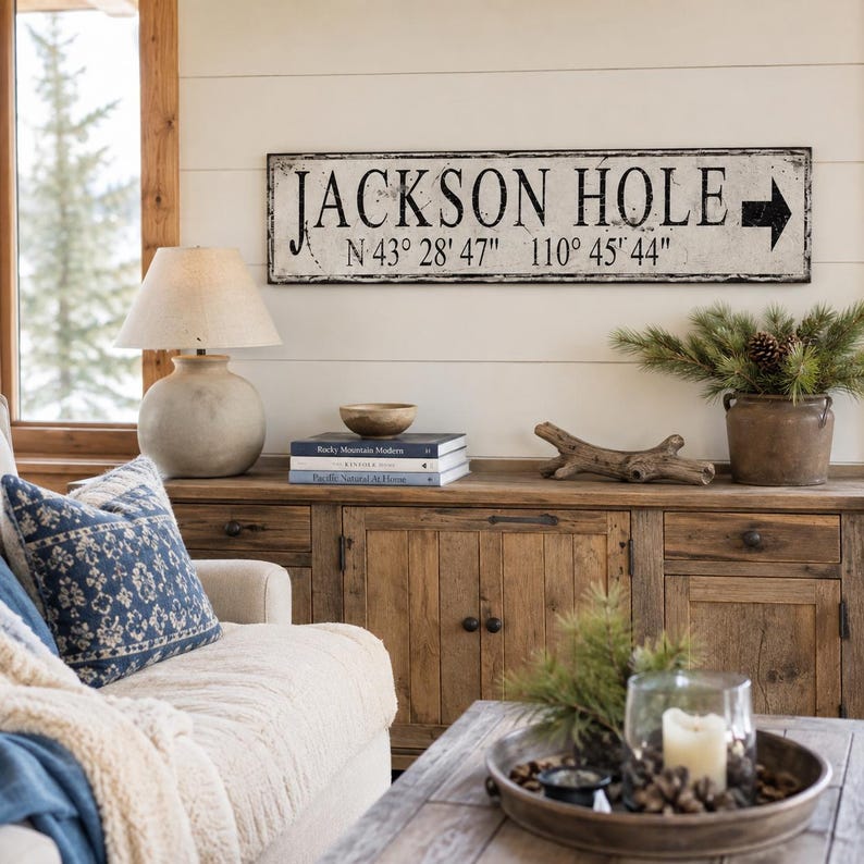 May include: A rectangular wall sign with a distressed white finish and black lettering that reads JACKSON HOLE, followed by the coordinates N 43&deg; 28' 47" 110&deg; 45' 44" and a black arrow pointing to the right side of the sign.