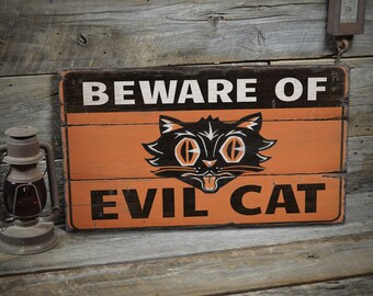 Pas op voor kattenborden, Halloween-katten, decor spookkat, hout eng decor, Halloween decor, houten bord - rustiek handgemaakt vintage houten decor