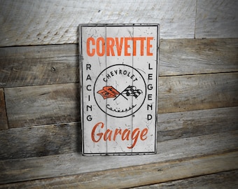 Letrero de garaje de Corvette, leyenda de las carreras, Chevrolet Corvette, decoración de pared de Corvette, regalos de Corvette, letrero de garaje descolorido - Letrero de madera hecho a mano