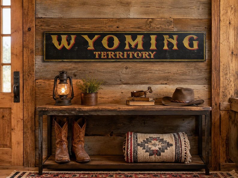 May include: A rectangular black wooden sign with the yellow text Wyoming Territory, featuring a distressed finish. The sign is mounted on a horizontal wood plank wall above a rustic console table holding a lantern, a plant, books, and a hat.